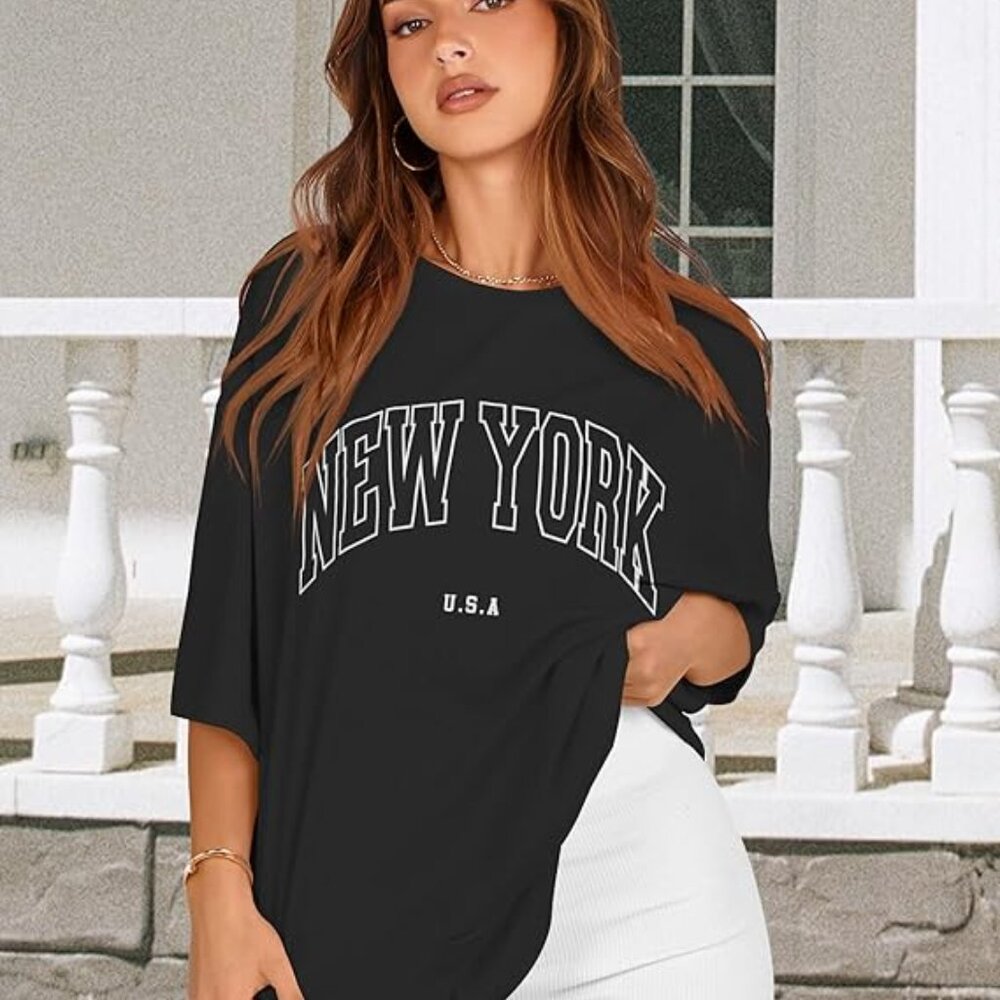 NEW Oversized T-shirt Women Black NEW YORK USA Graphic Tee Top